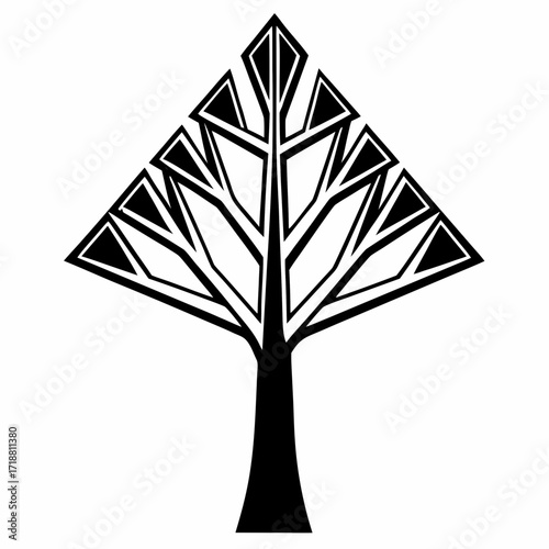 Stylized geometric tree silhouette with triangular leaf shapes and a thick trunk on a white background