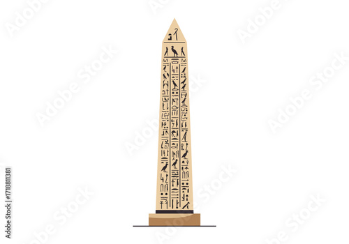 A tan obelisk with black hieroglyphs set on a twotiered base
