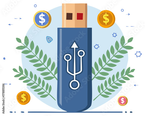 USB flash drive with dollar coins and green leaves symbolizing digital savings and data transfer