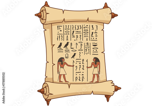 An Egyptian scroll with hieroglyphs and two figures facing each other