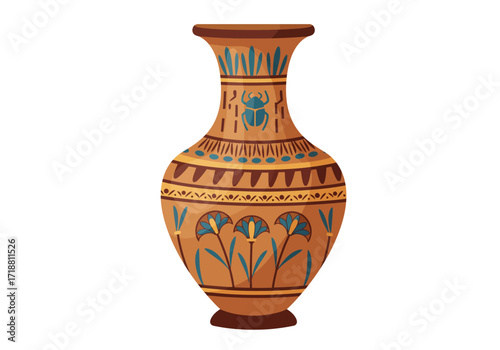 An Egyptian vase adorned with hieroglyphs a scarab  floral designs