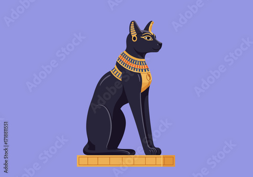 An Egyptianstyle black cat statue with golden jewelry on a yellow base against a light blue background