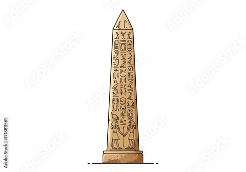 An obelisk covered in glyphs and base art stands tall