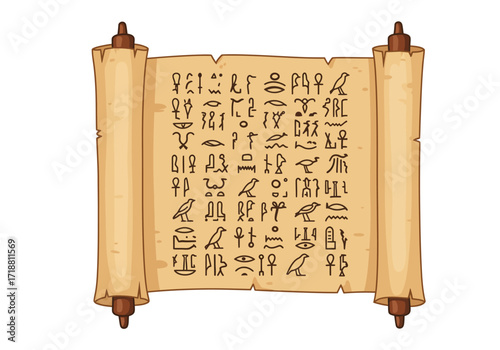 An old scroll unfurled filled with dark ancient hieroglyphs and rolled up on brown paper