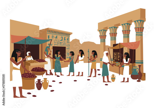 Ancient Egyptian marketplace with figures trading near buildings and columns
