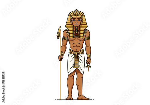 Cartoon pharaoh stands with crook and ankh wearing traditional headdress and kilt