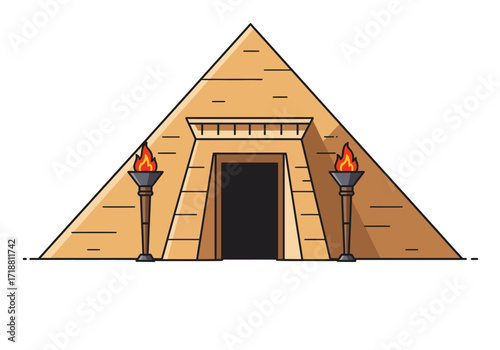 Cartoon pyramid with a dark entrance flanked by torches with flames