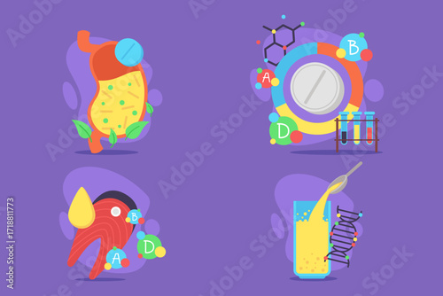 Collection of vitamins, highlighting their various benefits for health. Vitamins and their roles in body concept