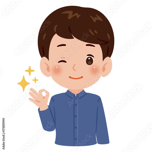 OKサインのポーズをする男性の上半身イラスト／An illustration of a man's upper body making an OK sign
