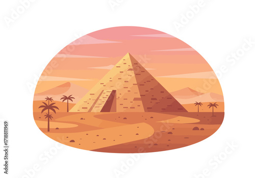 Desert scene featuring a pyramid at sunset with palm trees and a sandy foreground
