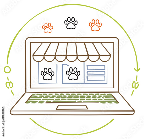 Online Pet Shop Graphic with Paw Prints and Computer  for E-commerce Business