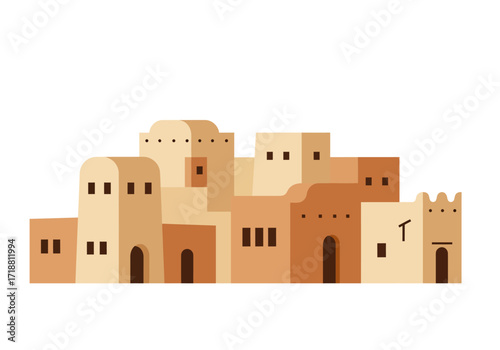 Desertstyle buildings with rounded and square shapes and a muted color palette