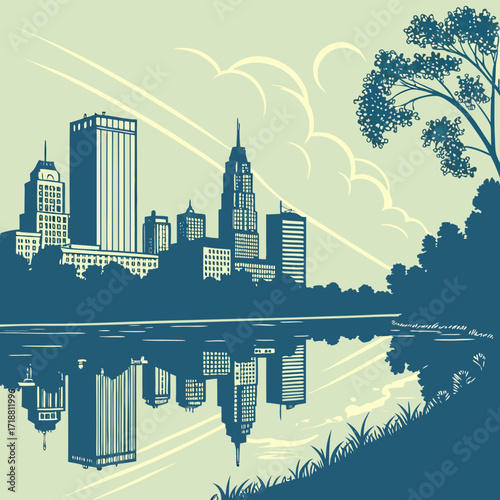 Stylized silhouette of a vibrant city skyline reflected in calm water under a cloudy sky with sun rays and a tree branch