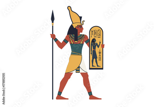Egyptian figure in traditional dress holding a spear and shield