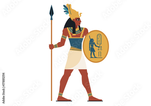 Egyptian figure spear shield adorned with a deity intricate headdress poised in a stylized stance