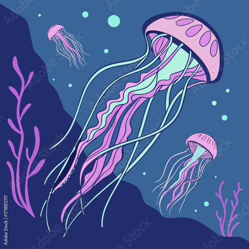 Three stylized jellyfish with long flowing tentacles drift gracefully through a deep blue underwater scene with purple seaweed and turquoise bubbles