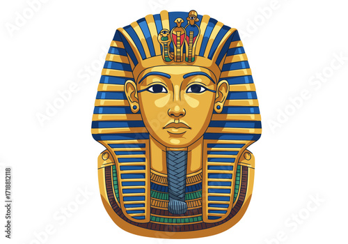 Detailed illustration of a golden pharaohs mask with blue stripes and traditional Egyptian symbols