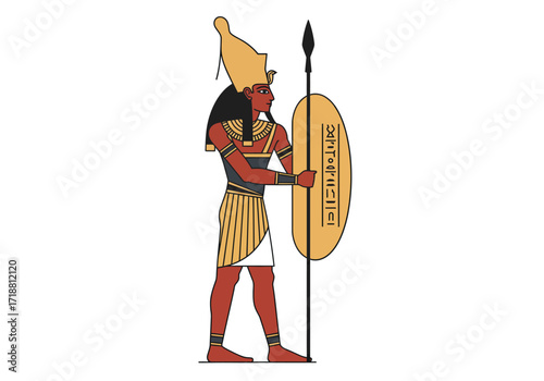 Egyptian figure with headdress spear  shield with hieroglyphs