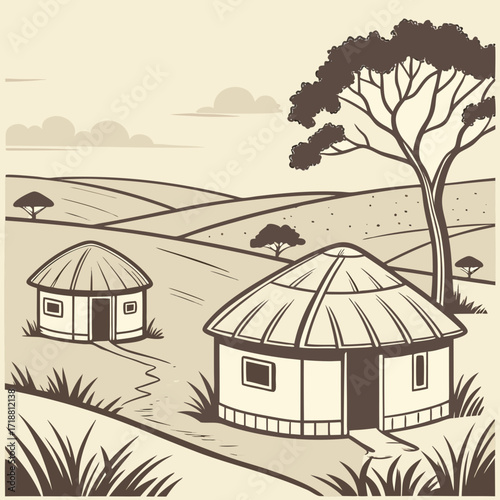 Traditional african village scene with round huts and acacia trees under a cloudy sky in sepia tones