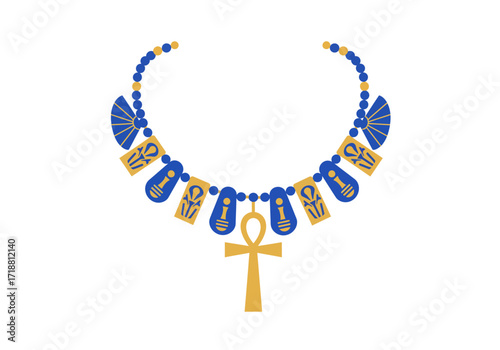 Egyptian necklace with blue beads ankh symbol and fanshaped elements