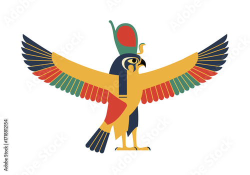 Egyptian Horus in red  green crown wings spread