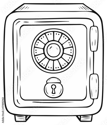 Hand drawn line art illustration of a bank security safe. Cartoon sketch of a locked strongbox for money.