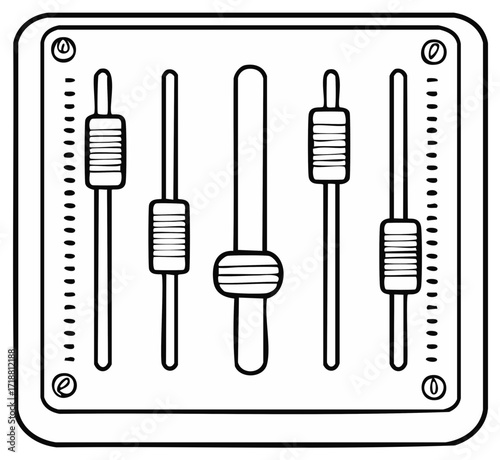 Line Drawing of a Vintage Mixing Console with Five Sliders