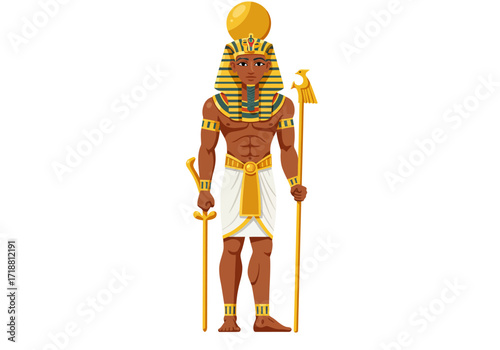Egyptian pharaoh figure stands with crook  flail gold sun disc