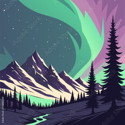 Vibrant aurora borealis illuminates majestic mountain peaks and serene forest landscape under a starry night sky