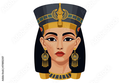 Egyptian queen Nefertitis head with iconic headdress and dangling earrings