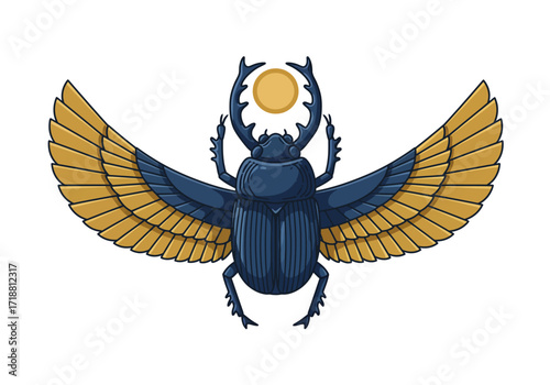 Egyptian scarab beetle with wings outstretched and sun disc overhead