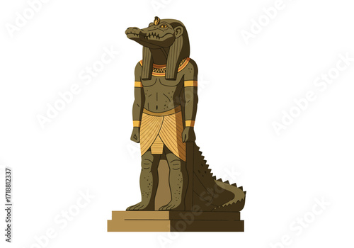 Egyptian Sobek statue man with a crocodile head gold details  tail atop a beigebrown platform