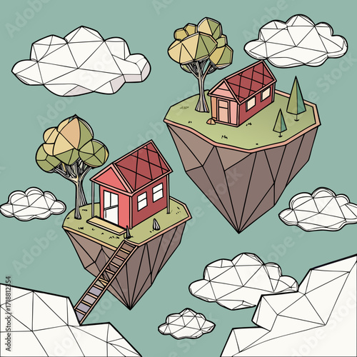Whimsical geometric floating islands with red houses trees and clouds in a dreamlike sky
