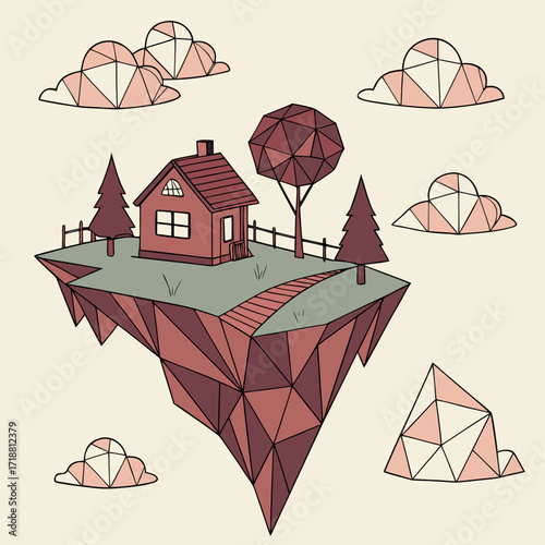 Whimsical geometric house on a floating island surrounded by stylized clouds and trees in a fantasy landscape illustration