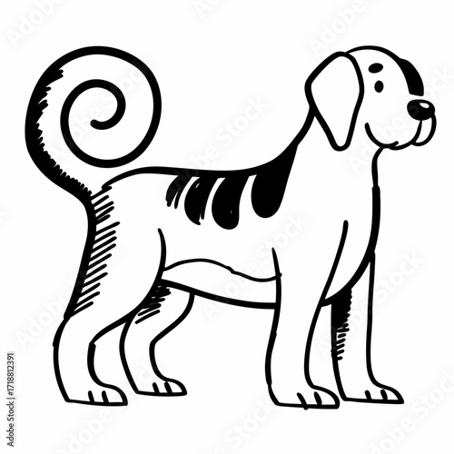 Whimsical hand drawn black and white sketch of a playful dog with a curly tail and spotted coat standing sideways