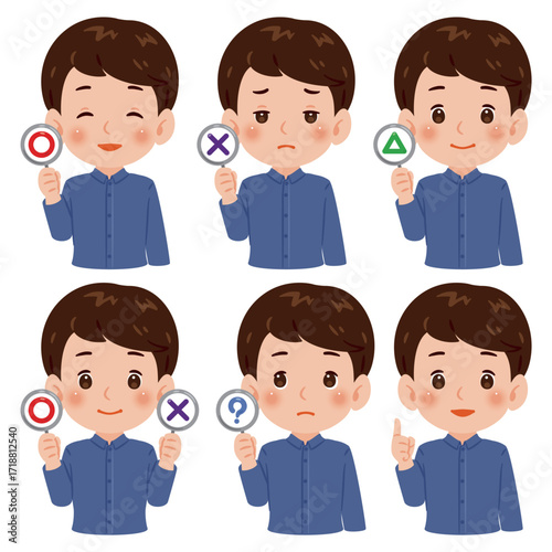 マルとバツなどの札を持った男性の上半身イラストセット／An illustration of a man's upper body holding signs with a circle and a cross