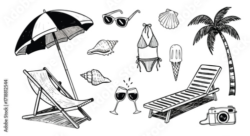 Embrace coastal vibes with this charming collection of hand-drawn beach essentials, perfect for summer projects and vacation themes.