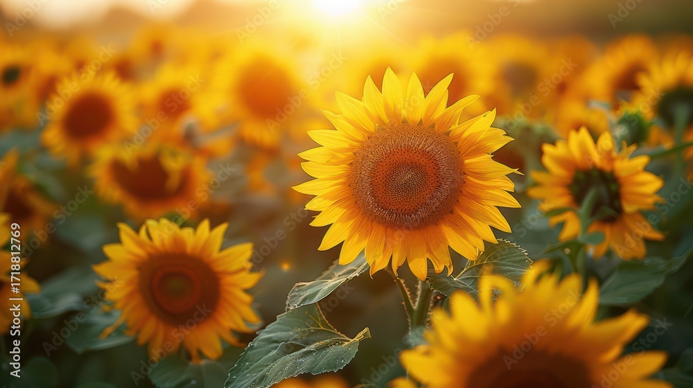 Fototapeta premium Bright Sunflower Field at Sunset with Warm Sunlight Rays