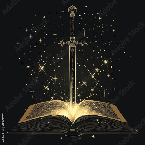 Sword of destiny illuminated atop an open book, radiating ethereal light , vector style simple color