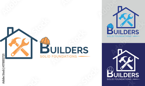 Builders Logo Design House, Hammer, Wrench, Solid Foundations. Abstract logo design. Creative logo design. 
Real Estate logo, Construction logo design