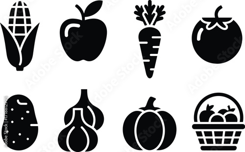 Fruit and vegetable icons, black silhouette vector set, healthy food clipart, farm produce graphics, nutrition symbols, organic illustrations