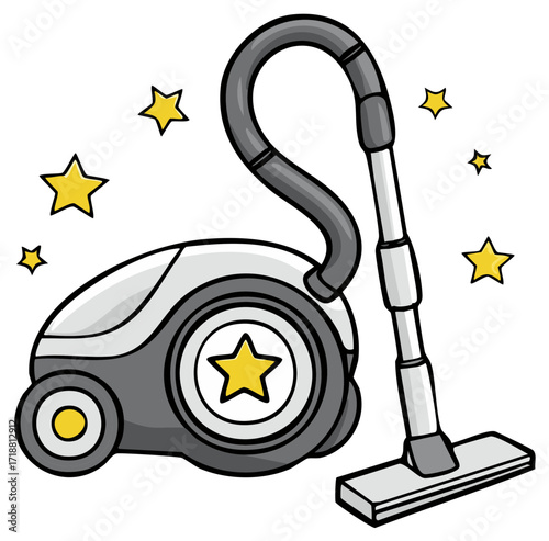 Cute cartoon vacuum cleaner with sparkling stars for clean home illustration