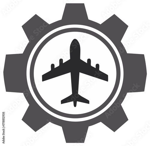 Airplane icon in gear wheel. Symbol of aircraft engineering. Travel logo, air transport industry. Aviation emblem, machine parts.
