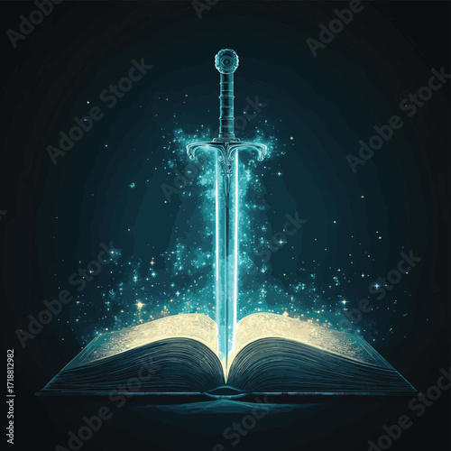 Sword of destiny illuminated atop an open book, radiating ethereal light , vector style simple color