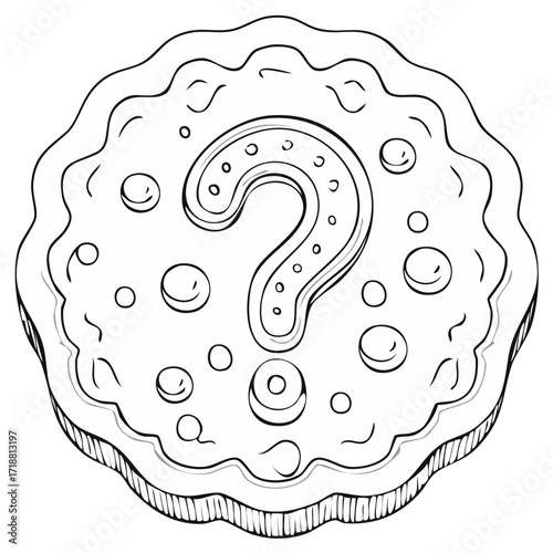Line art illustration of a cookie with a question mark and round decorations