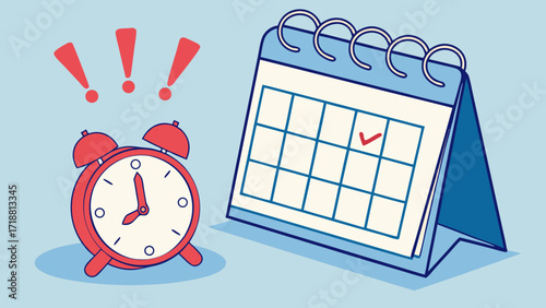 Urgent reminder alarm clock next to marked calendar date
