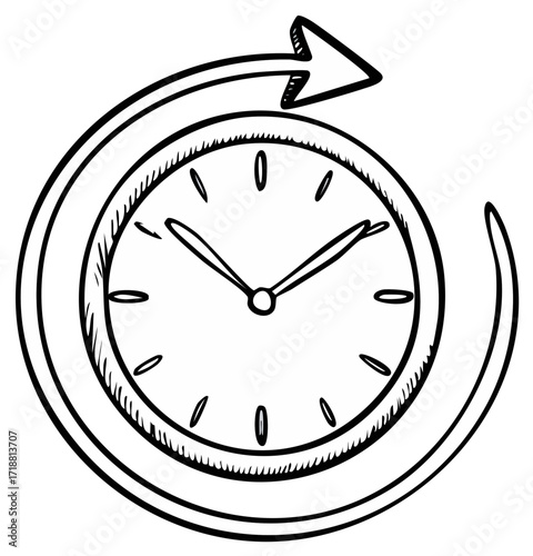 Doodle clock with an arrow circling the face symbolizing time, refresh, or a historical cycle
