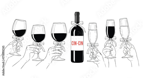 Raise a glass to celebrate with wine and champagne toast illustration, inviting design for festive gatherings, stylish cheers for special occasions