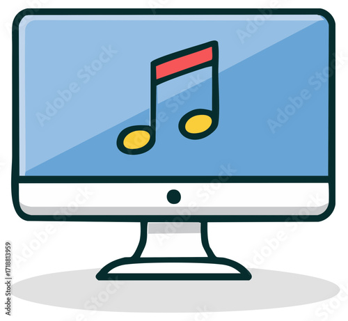 Desktop computer showing music notes for audio listening and online music creation