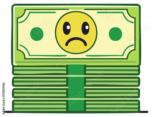 Sad Face on Stack of Money, Illustration of Financial Trouble